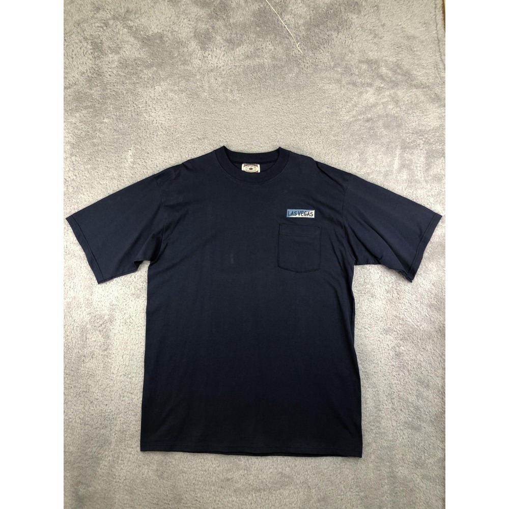 VTG Time Square Sportswear T-Shirt Mens XL Navy Blue Made in USA Las Vegas *Flaw
